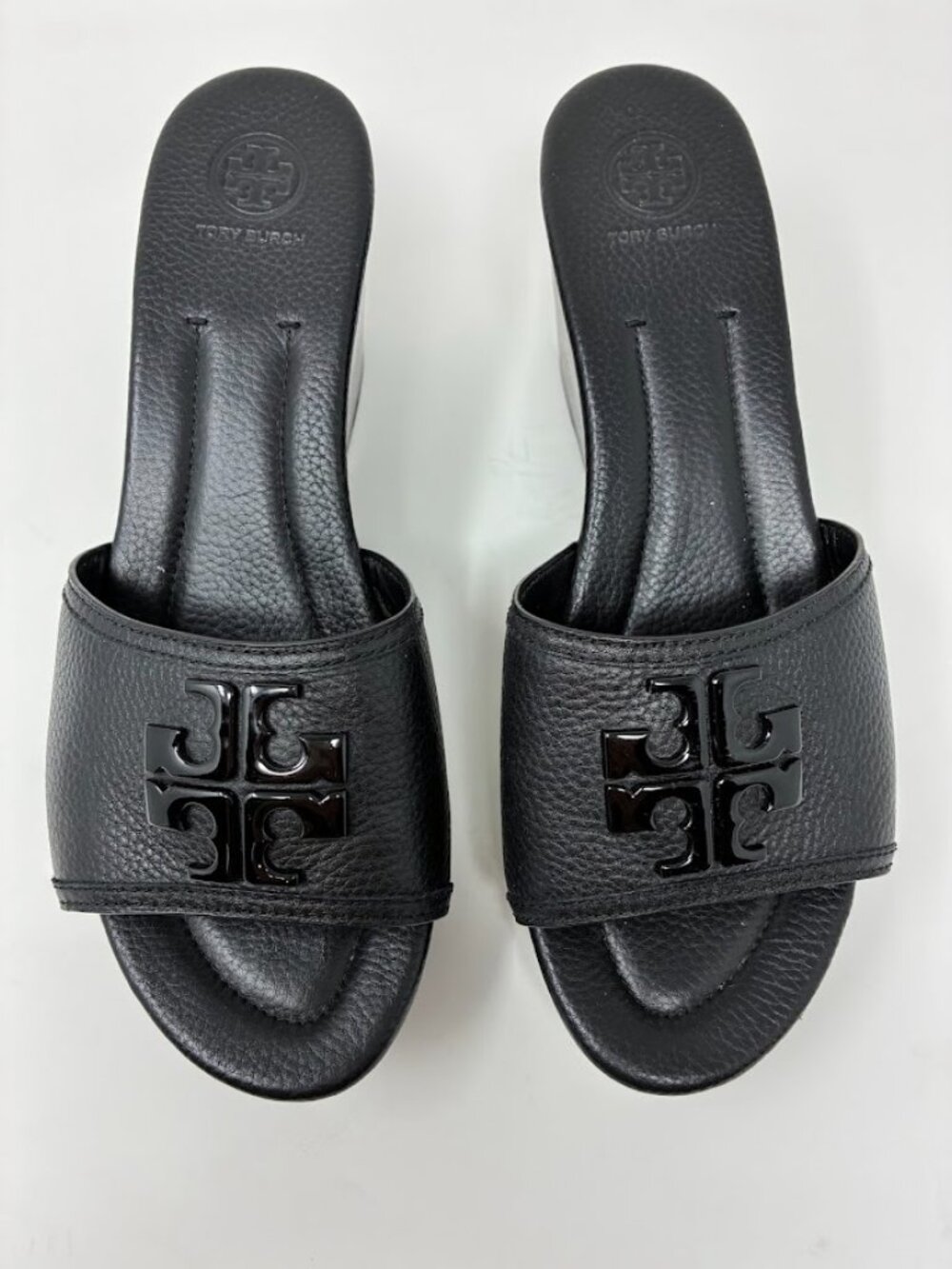 Tory Burch Lowell 2 80mm Black Leather Wedge Slide Sandals Platform Logo 9.5
